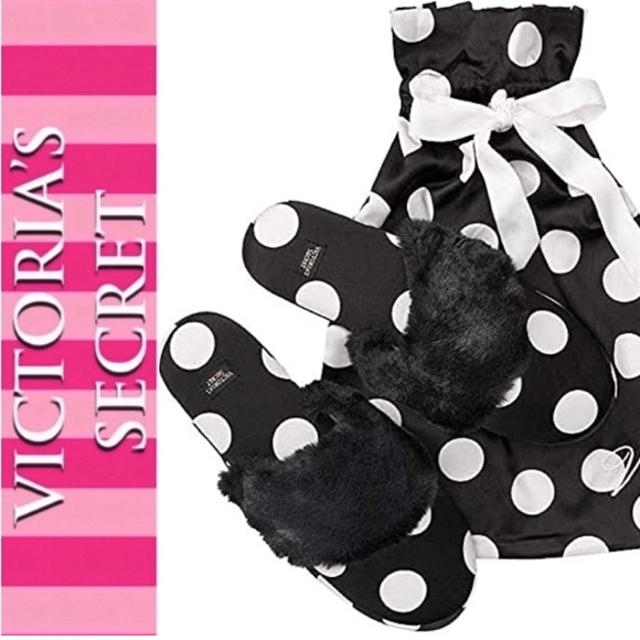 VICTORIA SECRET Black Satin Slippers Polka Dot Faux Fur In Medium - Picture 1 of 13